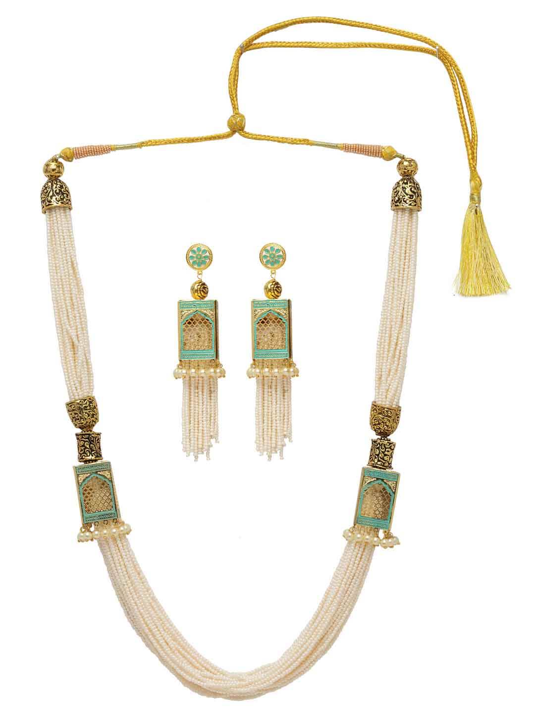 Gold-Plated Green Enameled Cream-Coloured Pearl Embellished Handcrafted Silver Jewellery Set