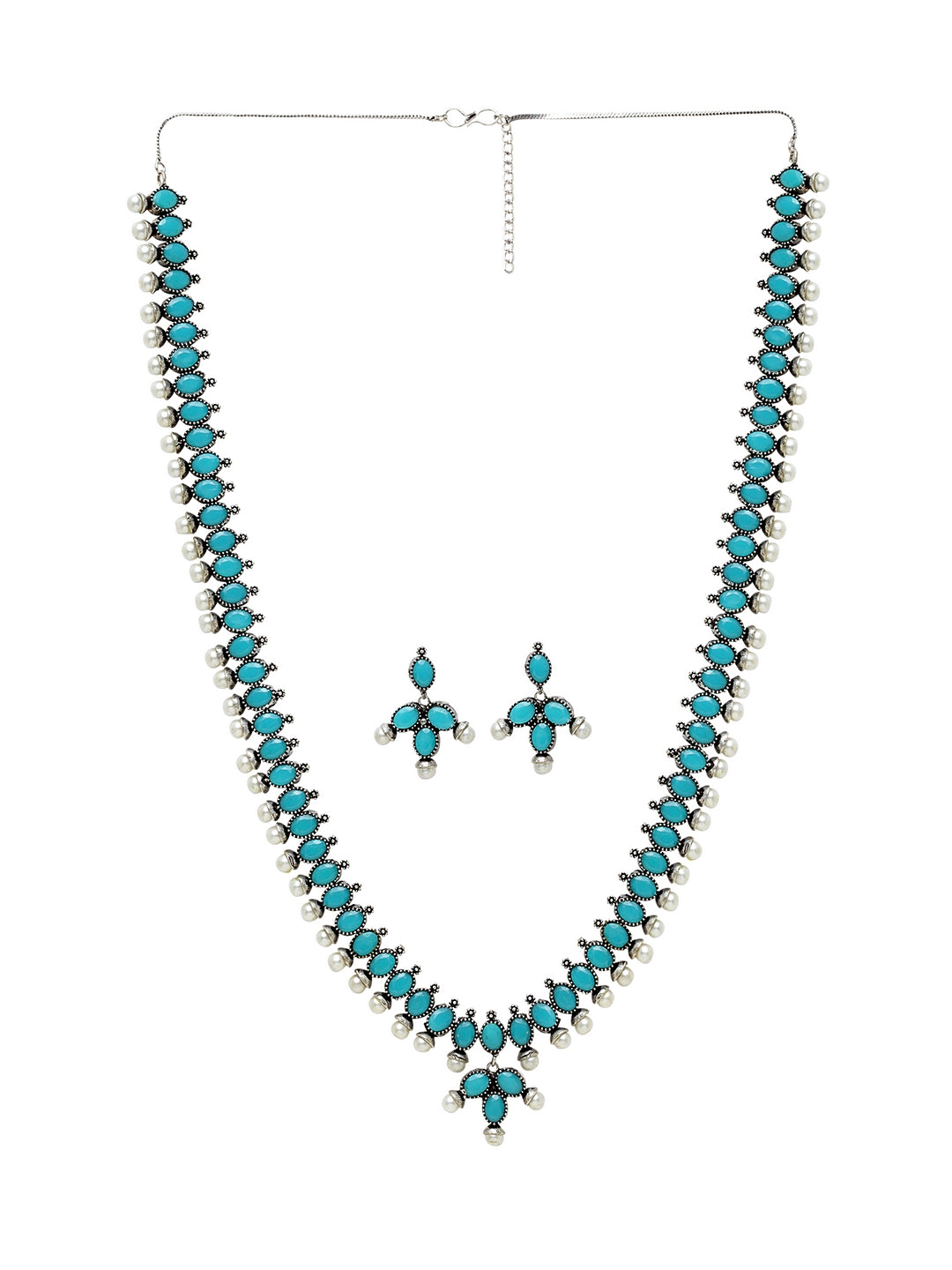Silver-Plated Turquoise Blue Stone-Studded & Beaded Jewellery Set