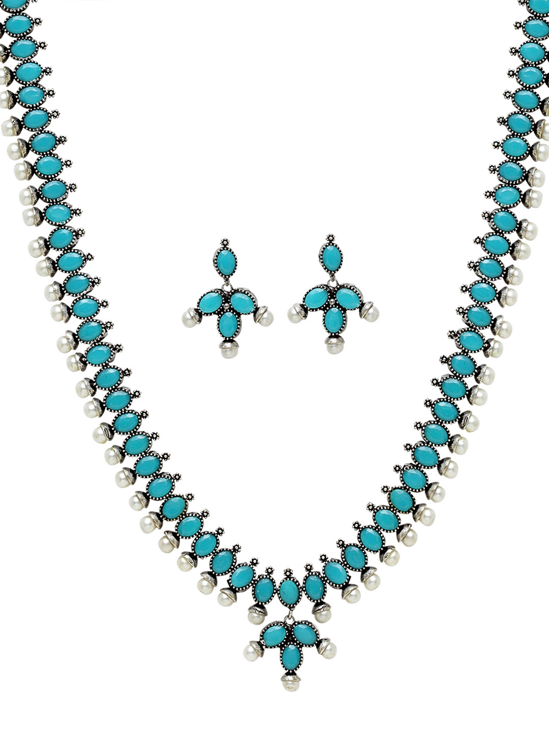 Silver-Plated Turquoise Blue Stone-Studded & Beaded Jewellery Set
