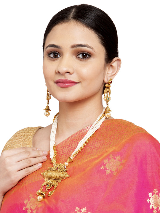Gold-Plated White & Red Pearl & Stone-Studded Handcrafted Jewellery Set