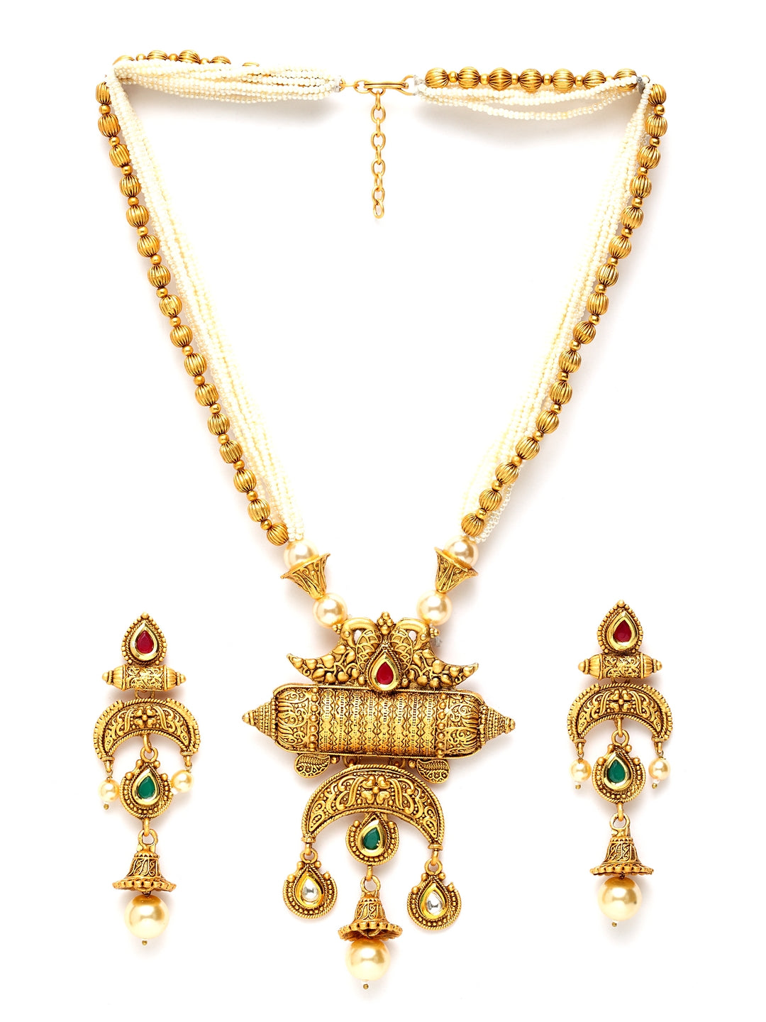 Gold-Plated White & Red Pearl & Stone-Studded Handcrafted Jewellery Set