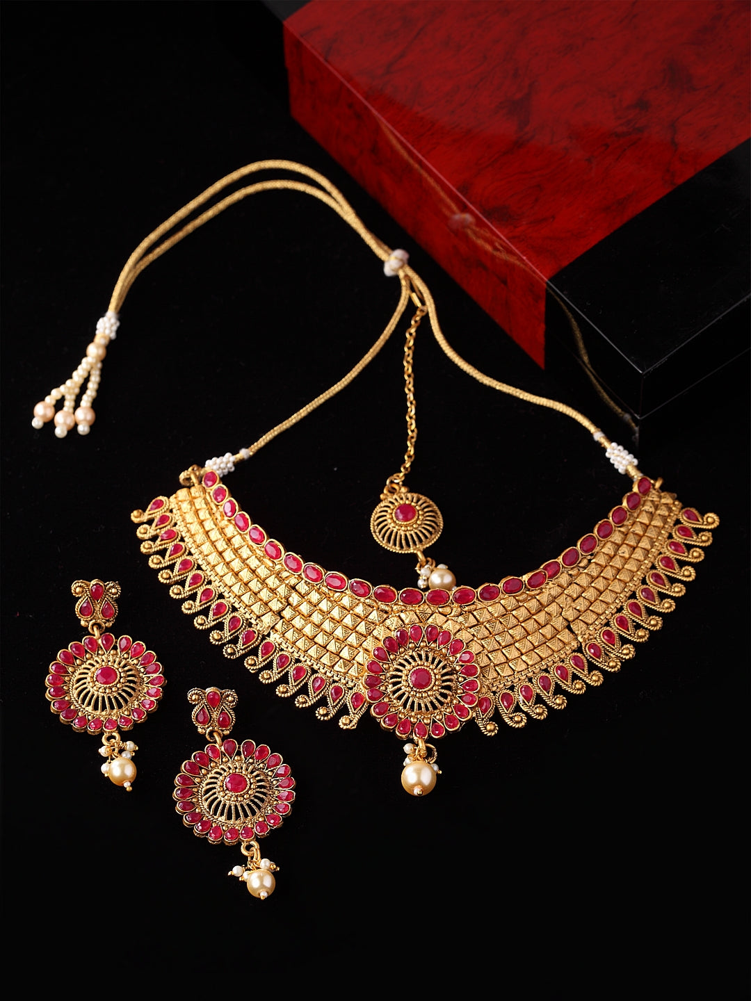 Gold-Plated Red Stone-Studded Sustainable Handcrafted Jewellery Set