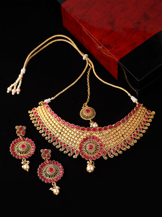 Gold-Plated Red Stone-Studded Sustainable Handcrafted Jewellery Set