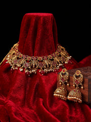 Red Gold-Plated Stone-Studded & Beaded Jewellery Set