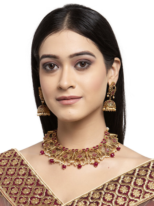 Red Gold-Plated Stone-Studded & Beaded Jewellery Set