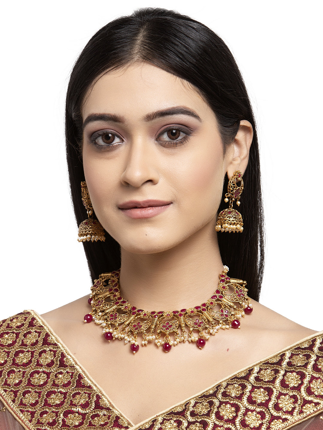 Gold-Plated Red Stone-Studded Handcrafted Jewellery Set