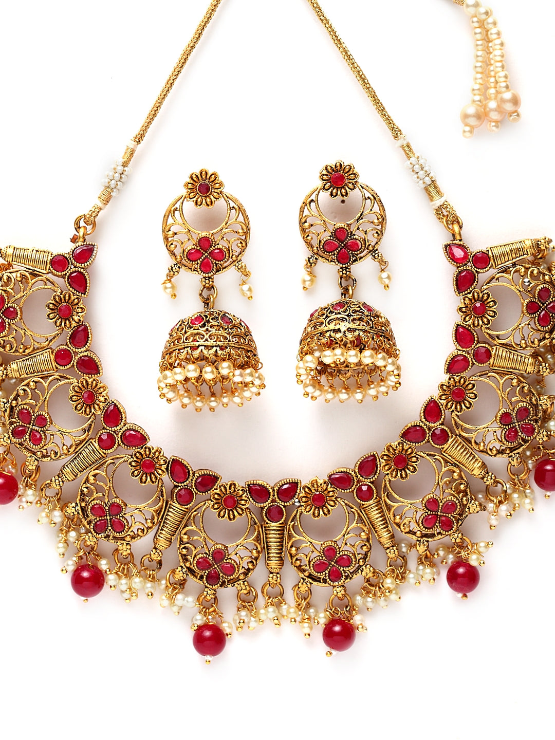 Red Gold-Plated Stone-Studded & Beaded Jewellery Set