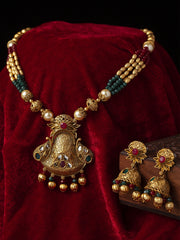 Gold-Plated Stones Studded & Beaded Necklace And Earrings