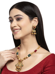 Gold-Plated Stones Studded & Beaded Necklace And Earrings