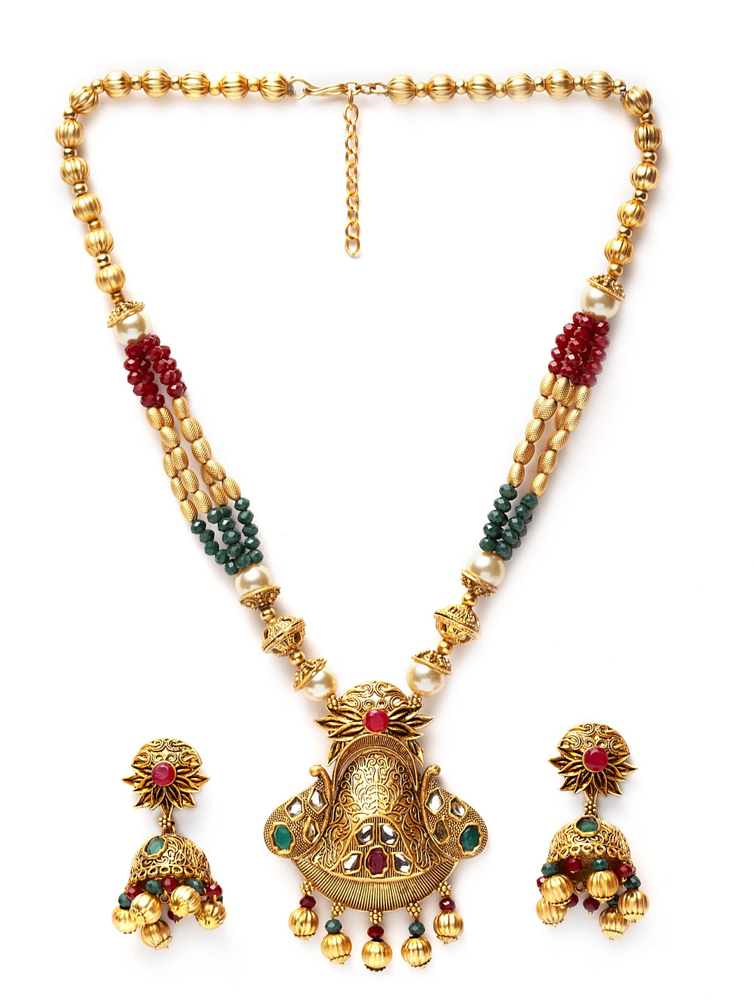 Gold-Plated Stones Studded & Beaded Necklace And Earrings