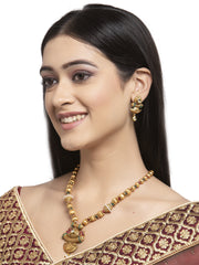 Gold-Plated & Green Stone-Studded & Beaded Jewellery Set