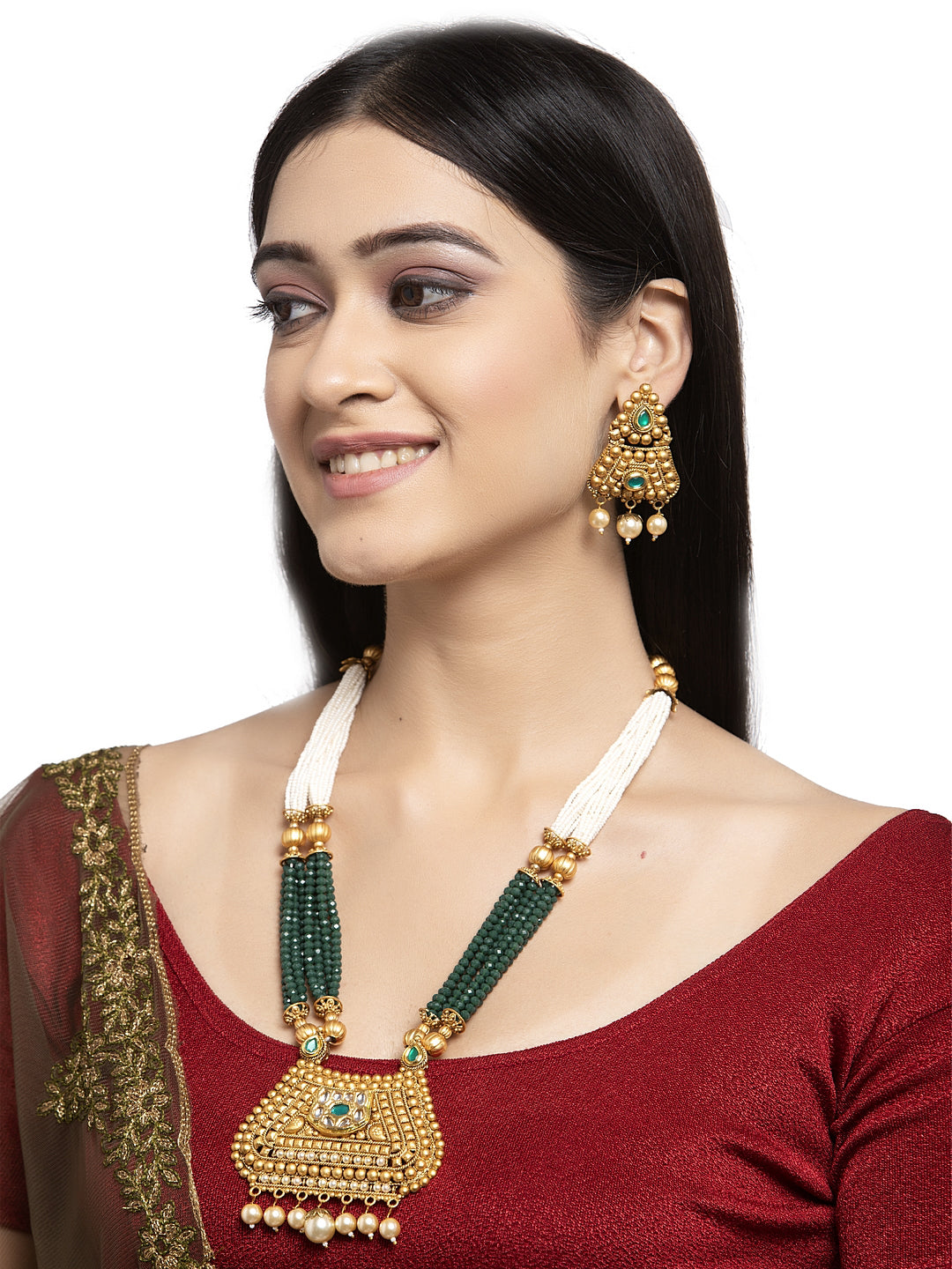 Gold-Plated Stone-Studded & Pearl Beaded Jewellery Set