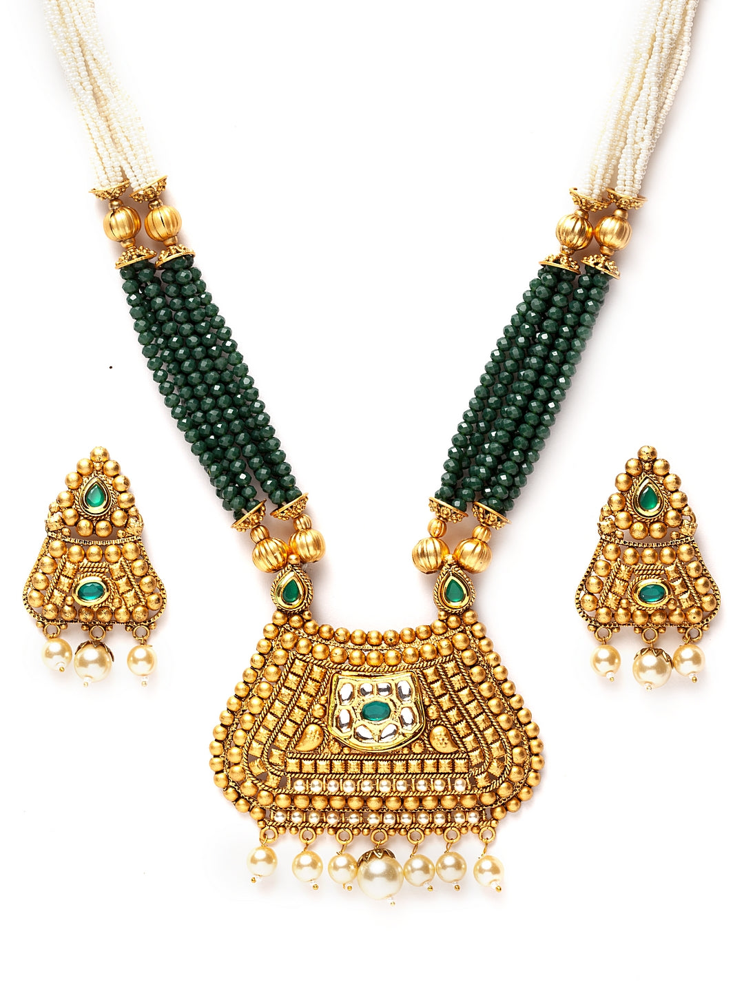 Gold-Plated Stone-Studded & Pearl Beaded Jewellery Set