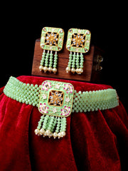 Gold-Plated Green & White Kundan Studded & Beaded Meenakari Jewellery Set