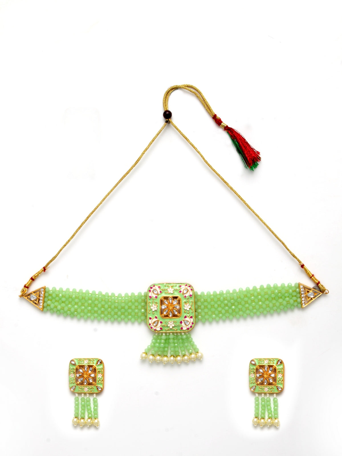Gold-Plated Green & White Kundan Studded & Beaded Meenakari Jewellery Set