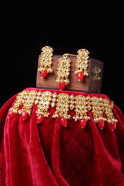 Gold Plated Red & White Kundan Studded Handcrafted Jewellery Set