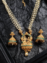 Women Gold-Plated Green & White Stone Studded Mala Temple Jewellery Set