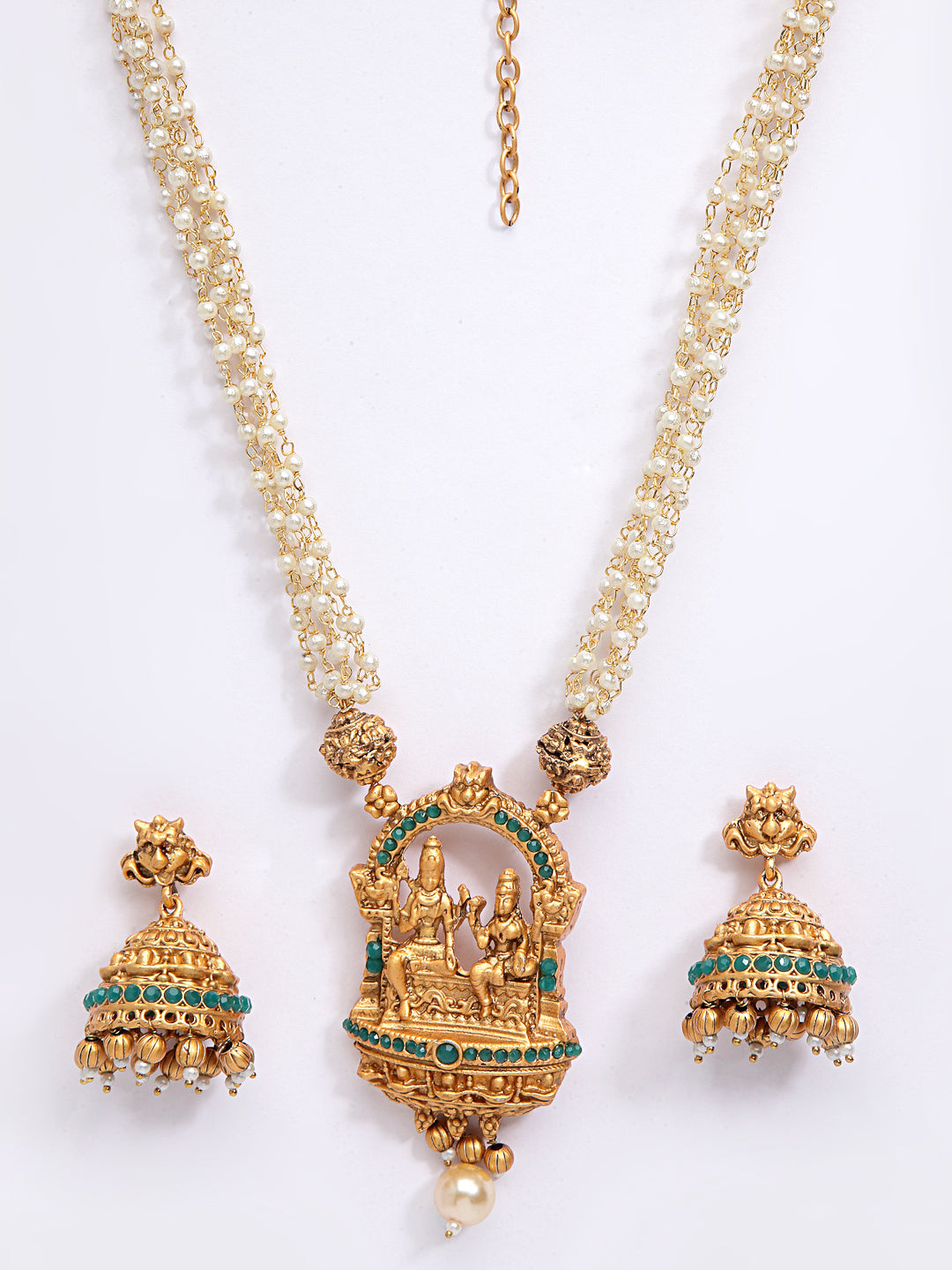Women Gold-Plated Green & White Stone Studded Mala Temple Jewellery Set