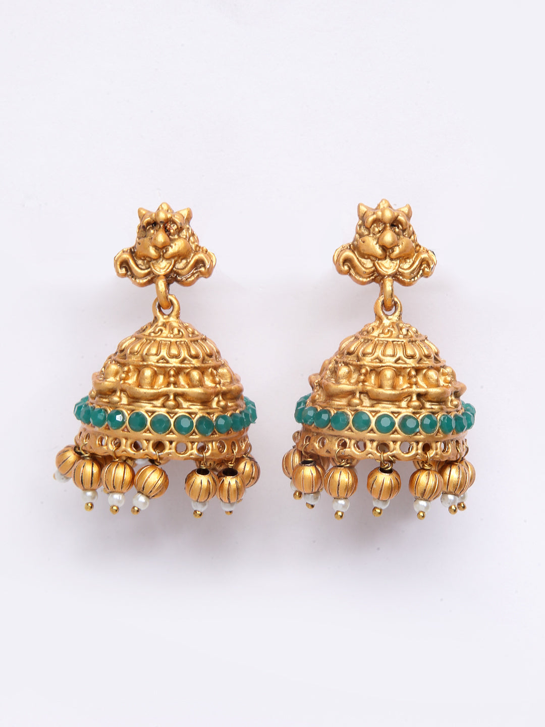 Women Gold-Plated Green & White Stone Studded Mala Temple Jewellery Set