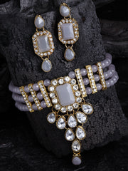 Gold-Plated Grey & White Kundan Studded & Beaded Vilandi Jewellery Set