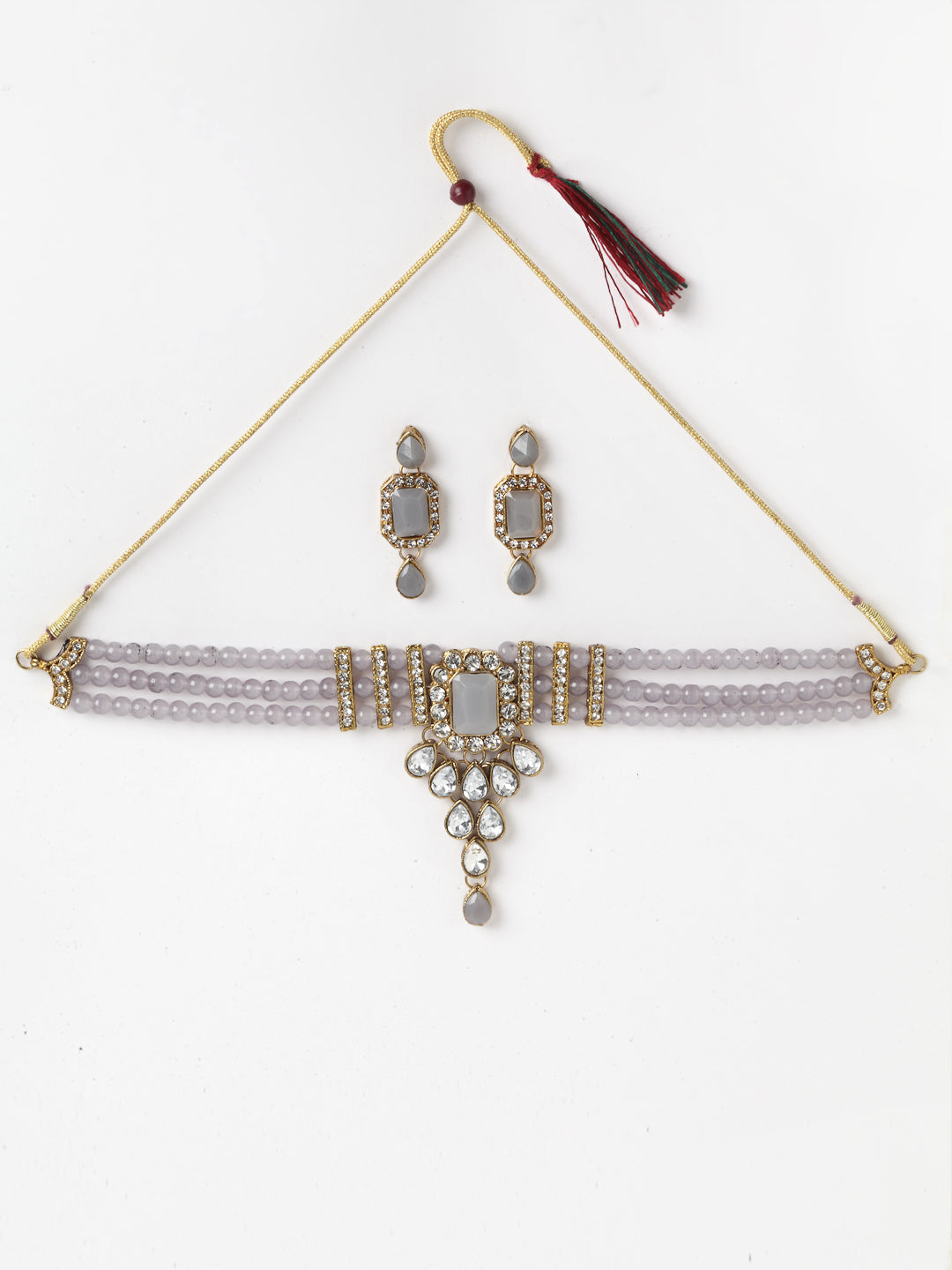 Gold-Plated Grey & White Kundan Studded & Beaded Vilandi Jewellery Set