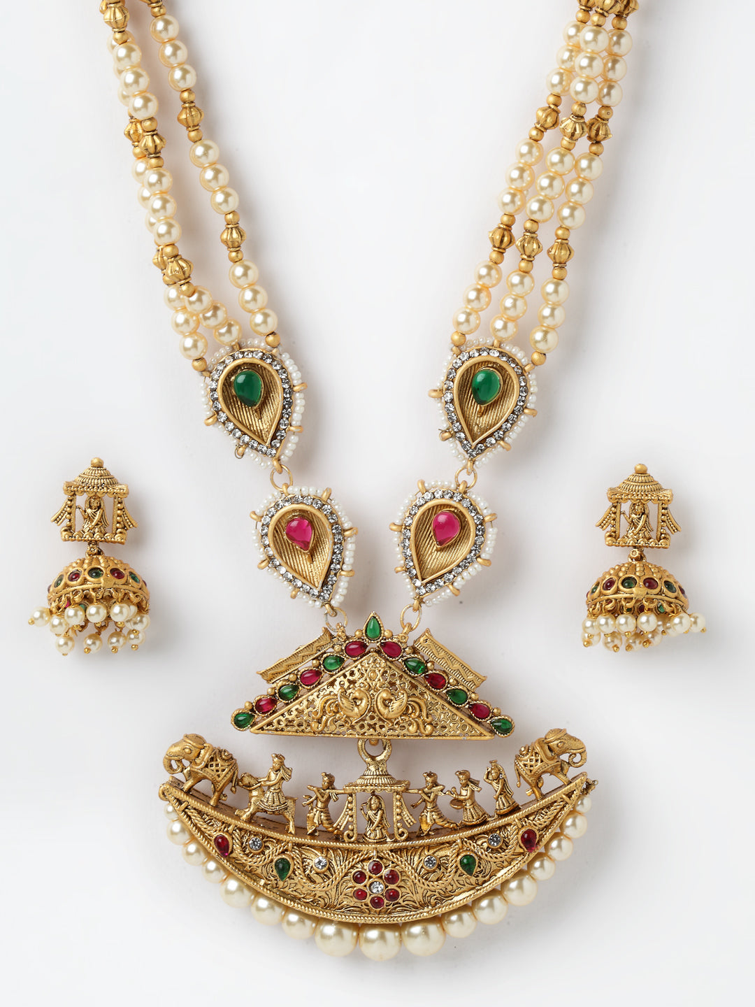 PANASH Gold-Plated Pink  White Stone-Studded  Beaded Handcrafted Jewellery Set