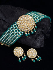 Woman Gold & Green Stone-Studded & Beaded Choker Jewellery Set