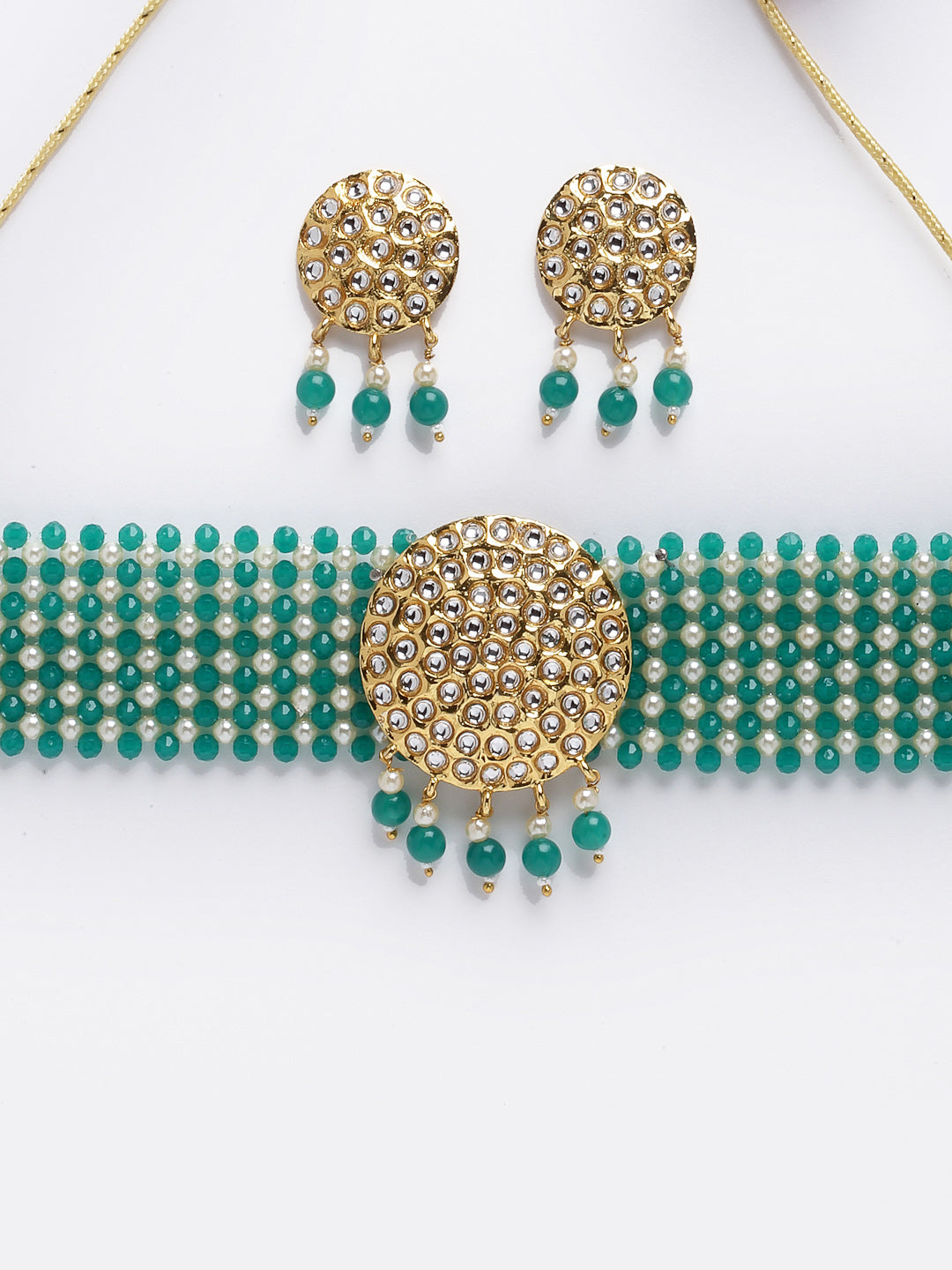 Woman Gold & Green Stone-Studded & Beaded Choker Jewellery Set