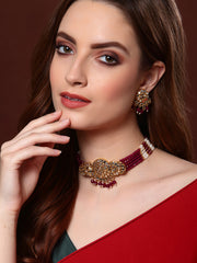 Gold-Plated Maroon Pearl Beaded Jewellery Set