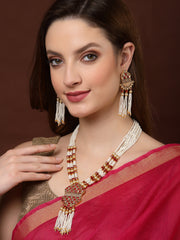 Woman Gold-Plated Red Stones & Pearls Mala Handcrafted Jewellery Set