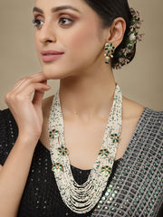 Gold-Plated White & Green Beaded Layered Necklace with Earrings