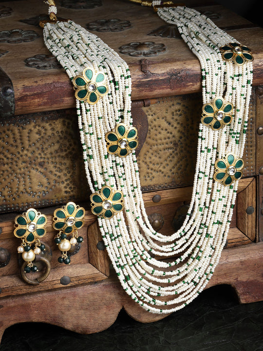 Gold-Plated White & Green Beaded Layered Necklace with Earrings