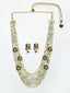 Gold-Plated White & Green Beaded Layered Necklace with Earrings