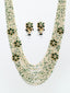 Gold-Plated White & Green Beaded Layered Necklace with Earrings