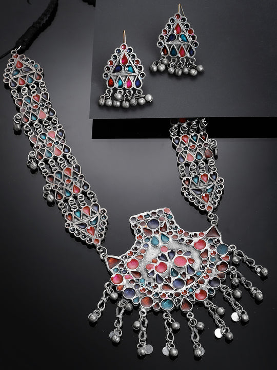 Silver-Plated Enameled Oxidised Jewellery Set