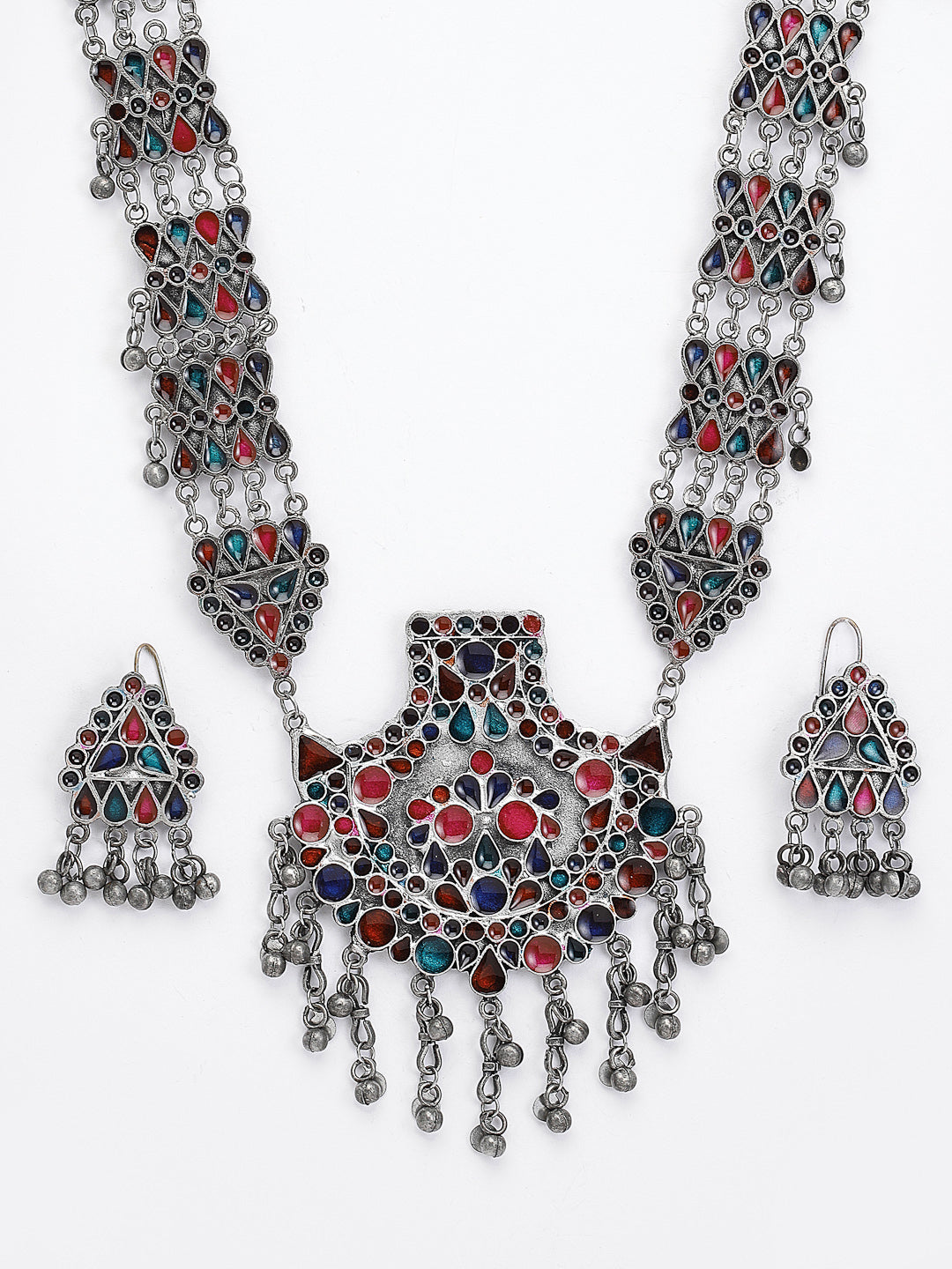 Silver-Plated Enameled Oxidised Jewellery Set