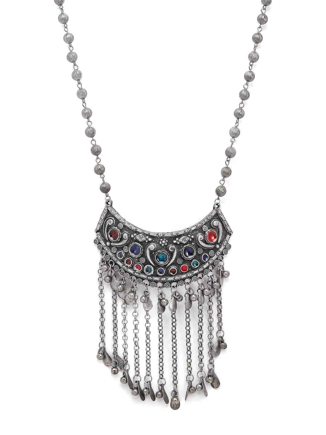 Silver-Toned & Red German Silver Oxidised Necklace