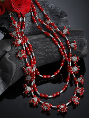 Silver-Toned & Red German Silver Oxidised Necklace