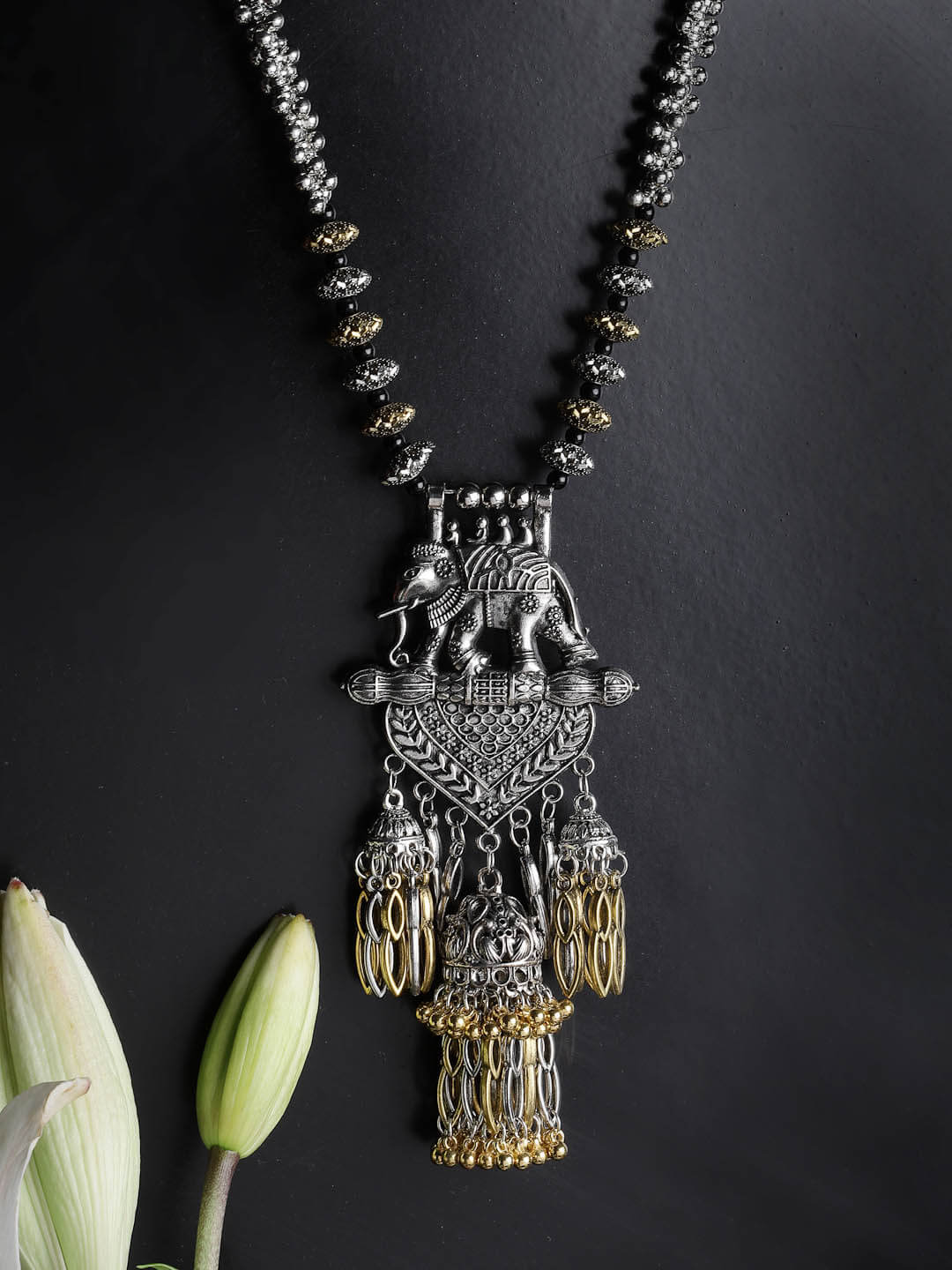 Silver-Toned & Black German Silver Oxidised Necklace