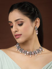 Oxidized Silver-Toned Stone-Studded Peacock Pearl Choker Necklace with Earrings