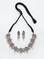 Oxidized Silver-Toned Stone-Studded Peacock Pearl Choker Necklace with Earrings