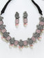 Oxidized Silver-Toned Stone-Studded Peacock Pearl Choker Necklace with Earrings