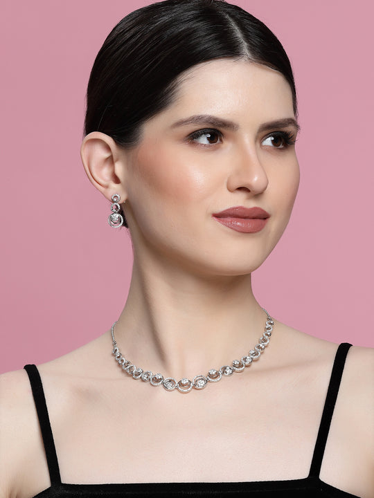Silver-Plated American Diamond-Studded Necklace And Earrings