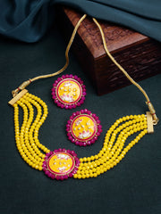 Gold-Plated Yellow & Pink Beaded Meenakari Jewellery Set