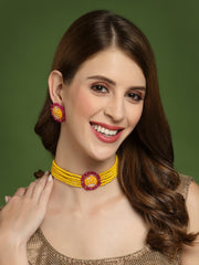 Gold-Plated Yellow & Pink Beaded Meenakari Jewellery Set