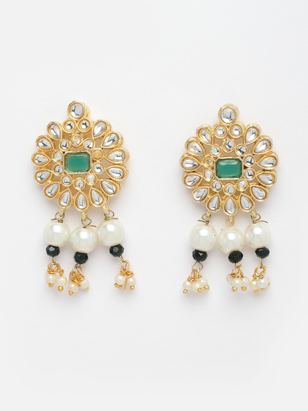 Gold-Plated Green & White Kundan Studded & Pearl Beaded Jewellery Set