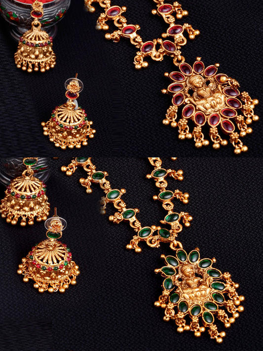 Gold-Plated & Green Reversible Ruby Stone Temple Jewellery Set