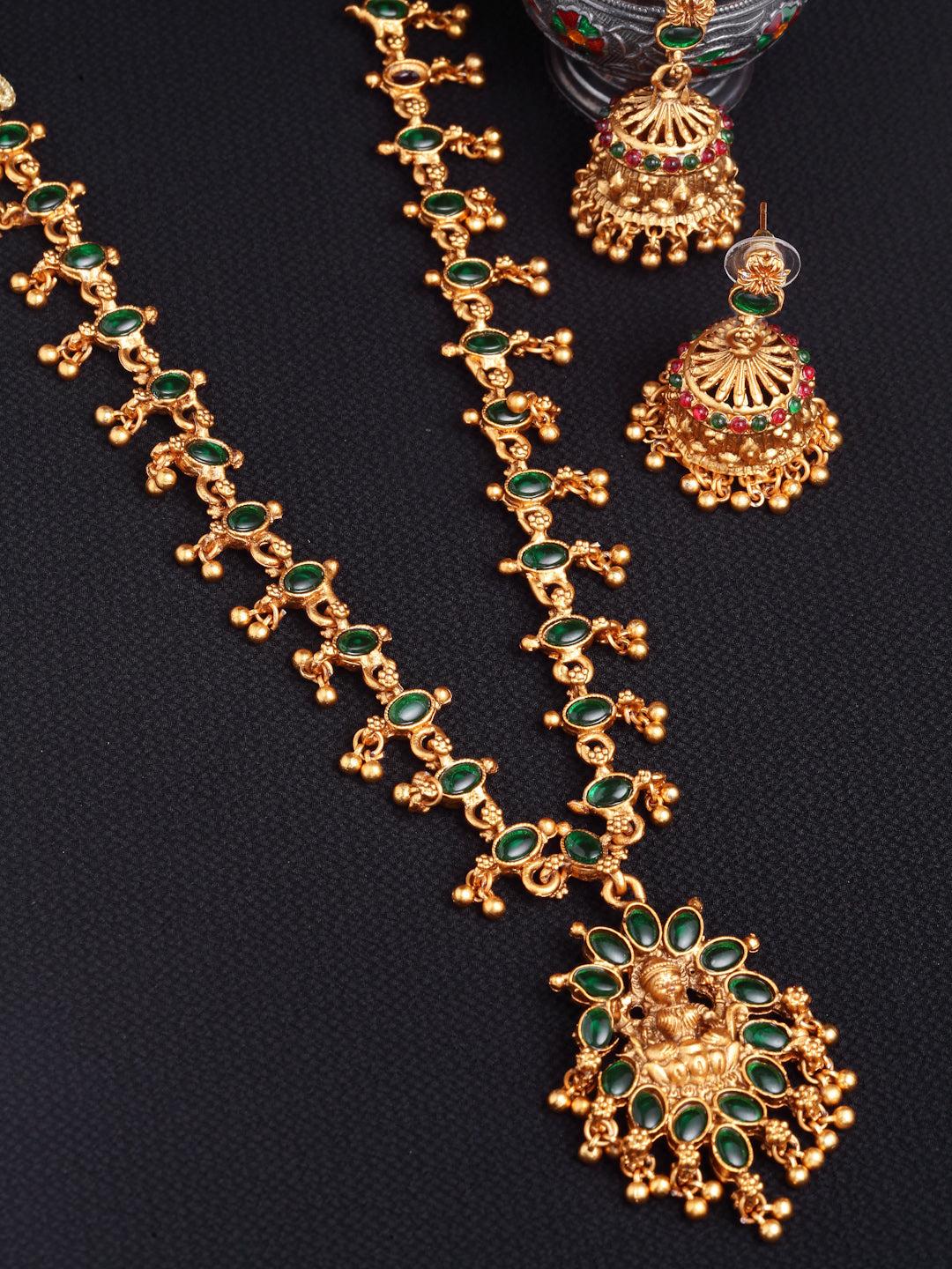 Gold-Plated & Green Reversible Ruby Stone Temple Jewellery Set