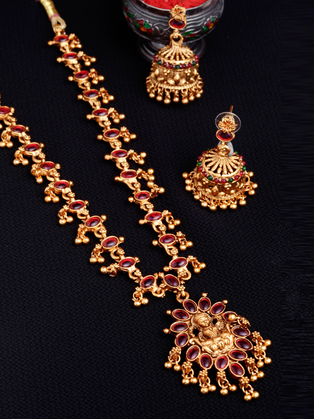 Gold-Plated & Green Reversible Ruby Stone Temple Jewellery Set