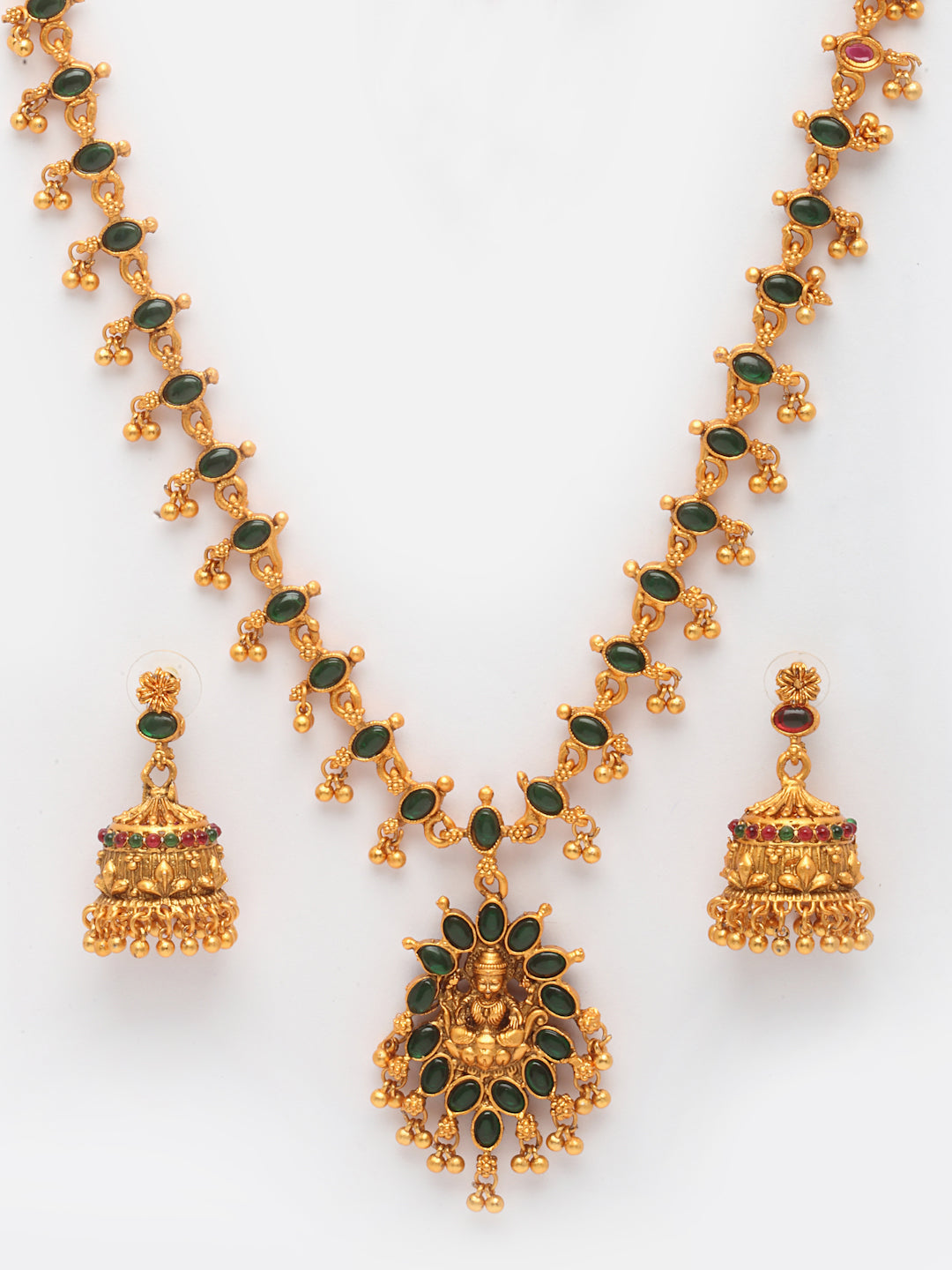 Gold-Plated & Green Reversible Ruby Stone Temple Jewellery Set